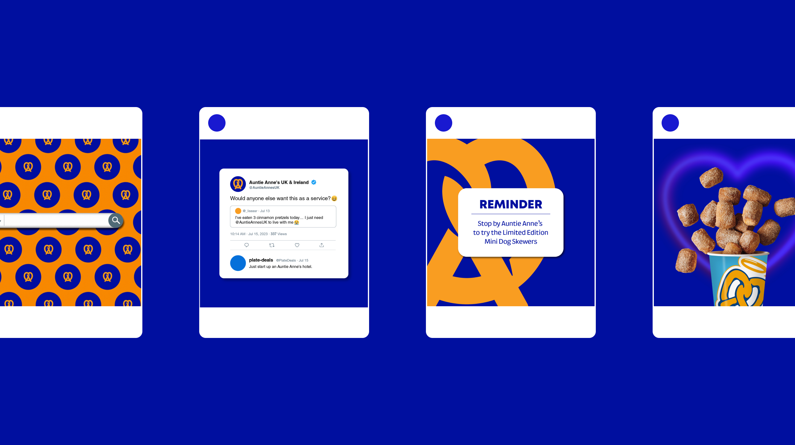 Auntie Anne's always-on social feed: pretzel pattern, reactive tweet, brandmark reminder and product hero posts