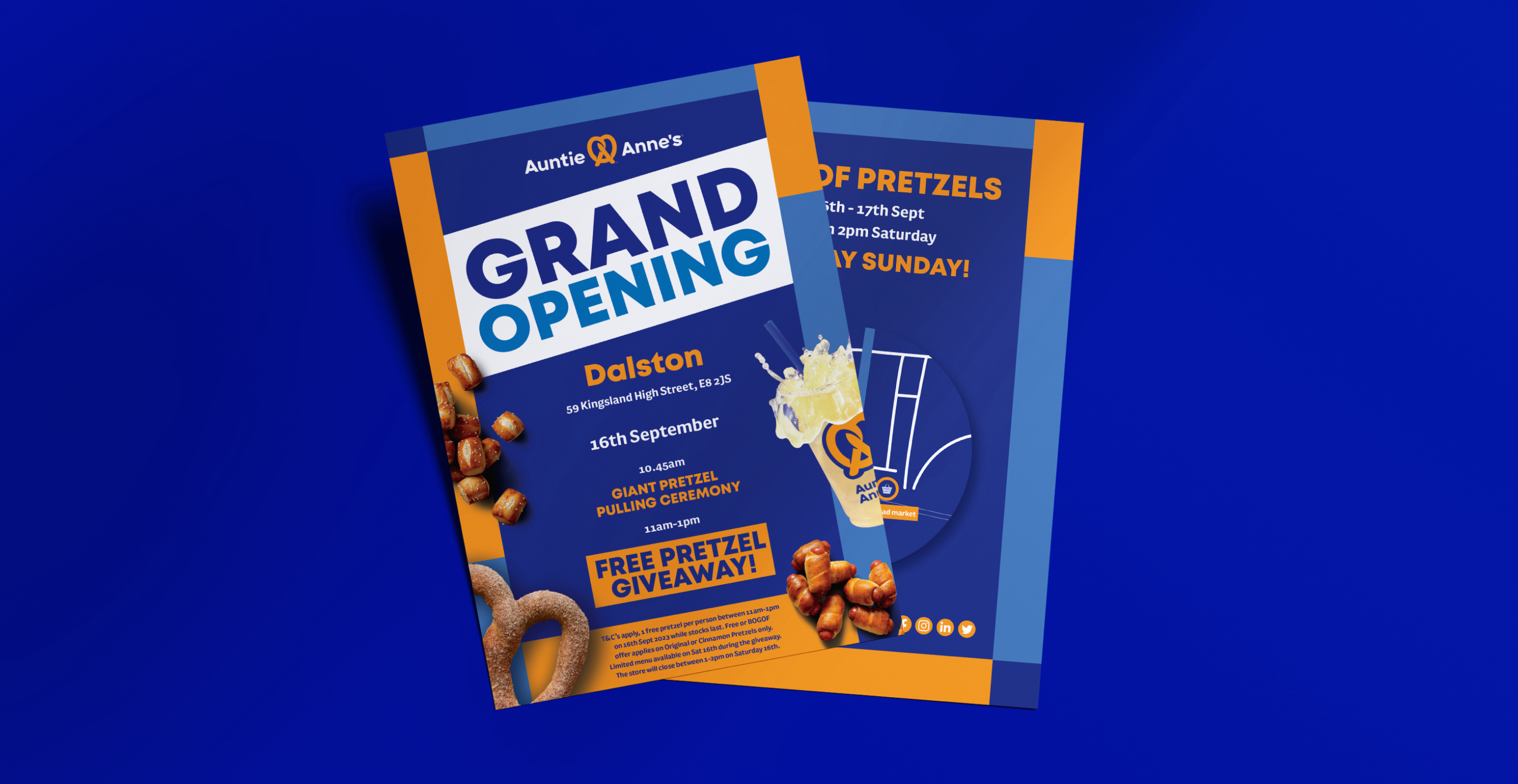 Auntie Anne's Grand Opening flyers for the Dalston store, with free pretzel giveaway details