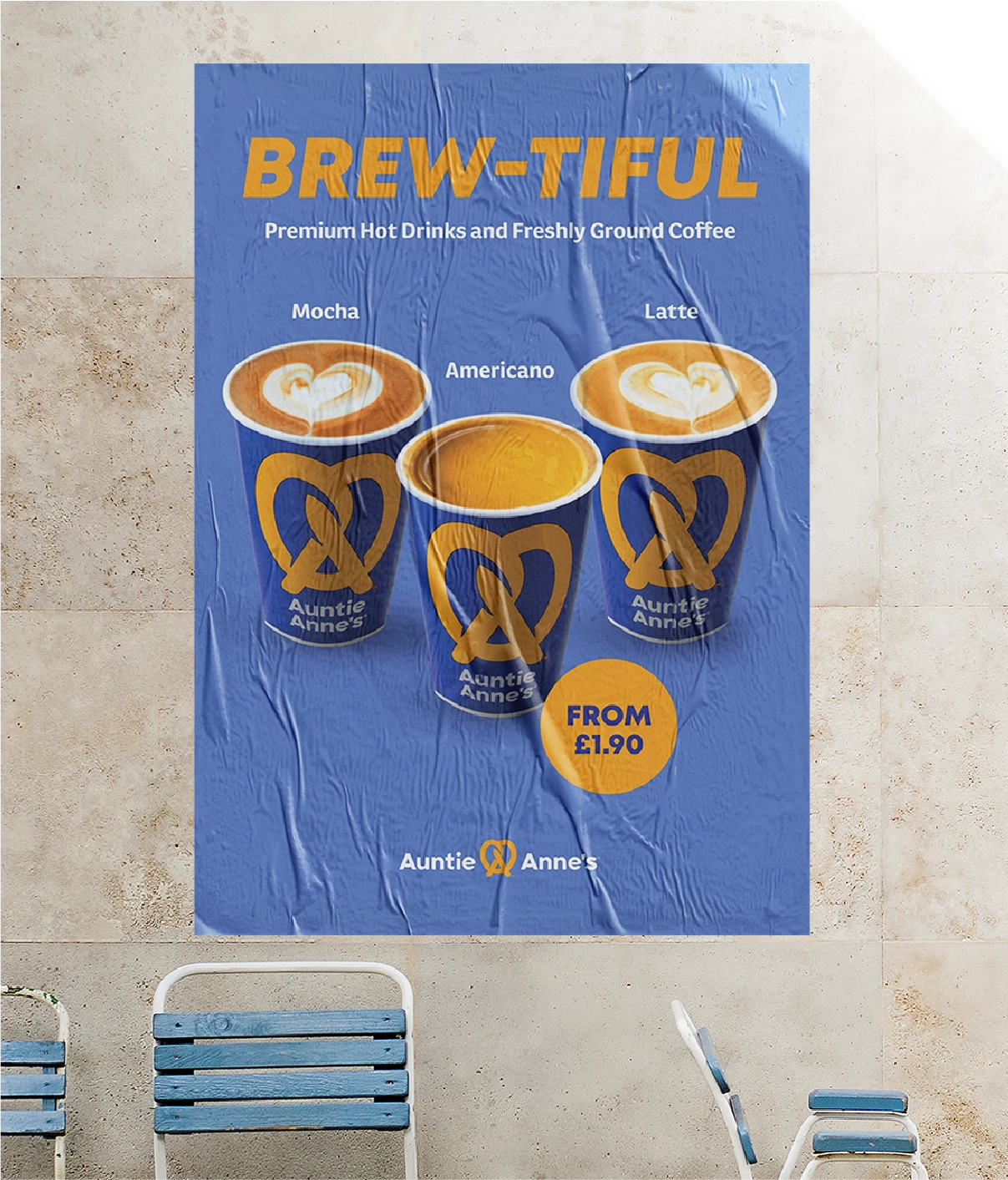 Auntie Anne's Brew-tiful in-store poster promoting premium hot drinks and freshly ground coffee