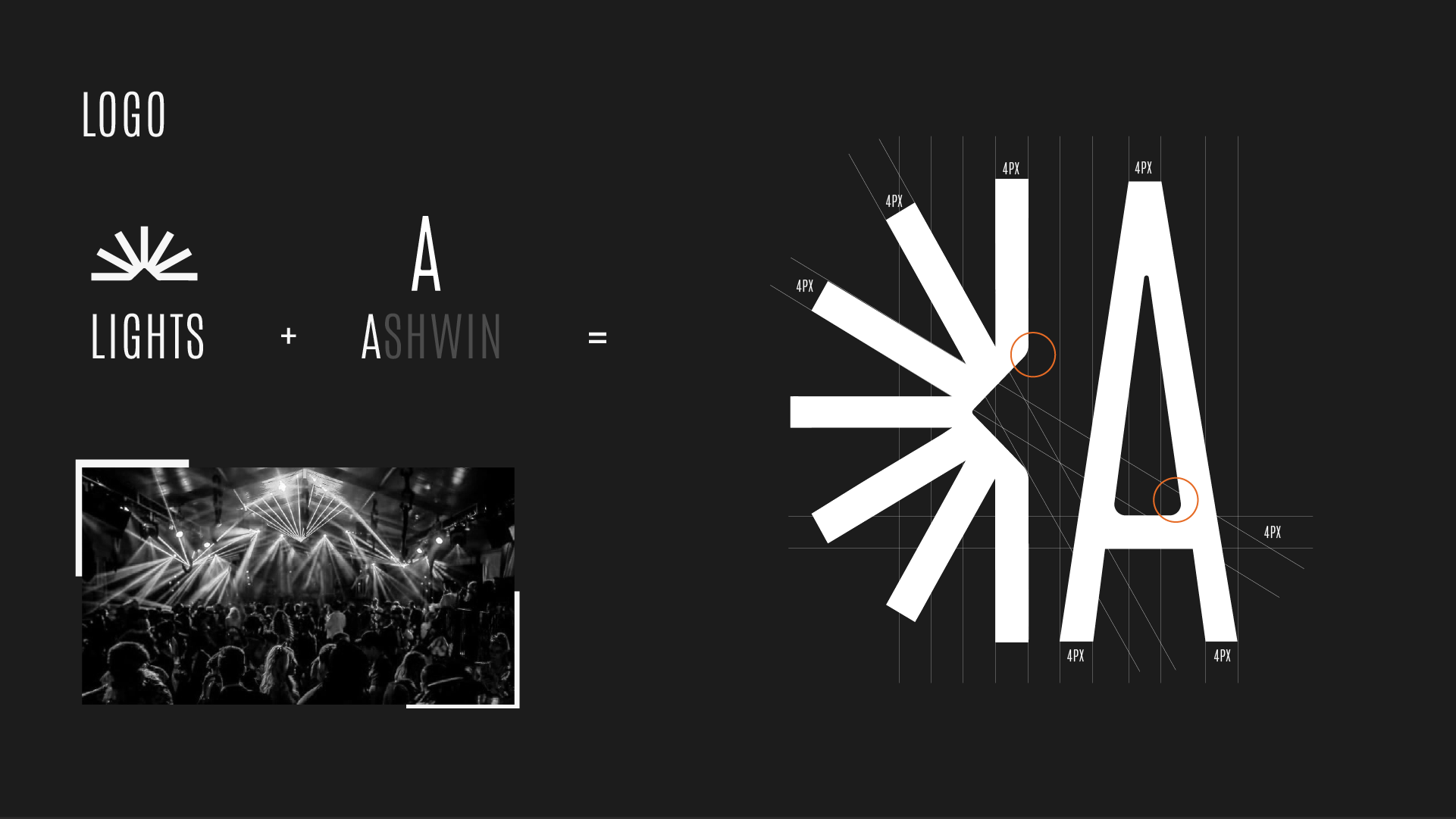 Ashwin logo construction: lights plus the letter A