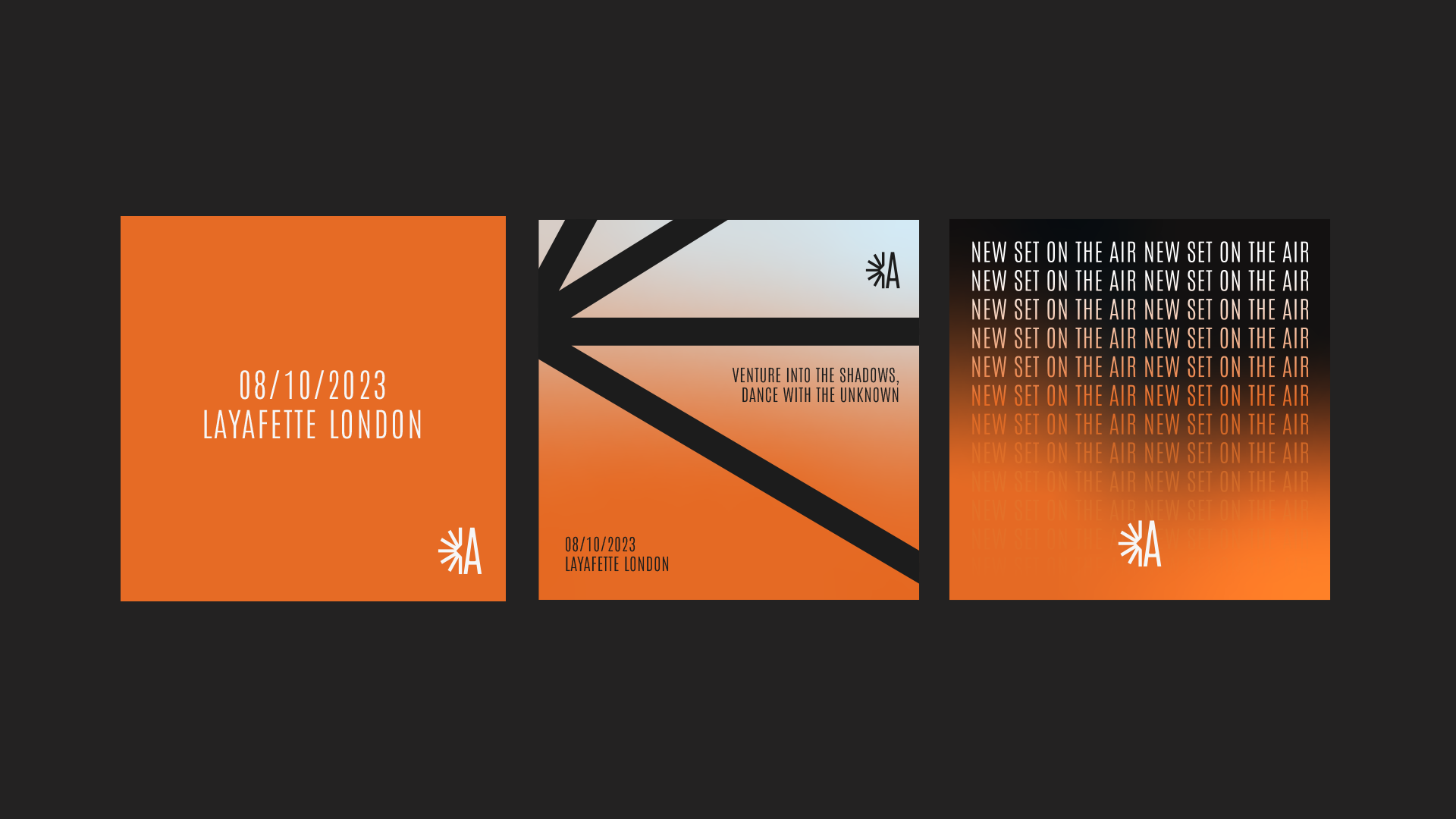 Ashwin social media posts using the orange and dark grey palette