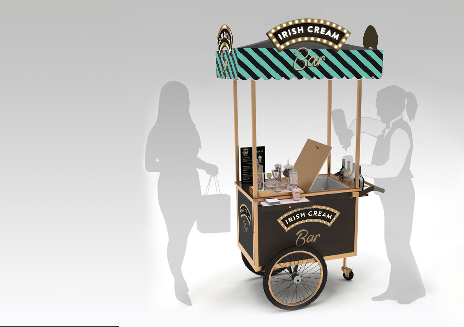 The Baileys Irish Cream Bar cart, a branded trolley served by an attendant