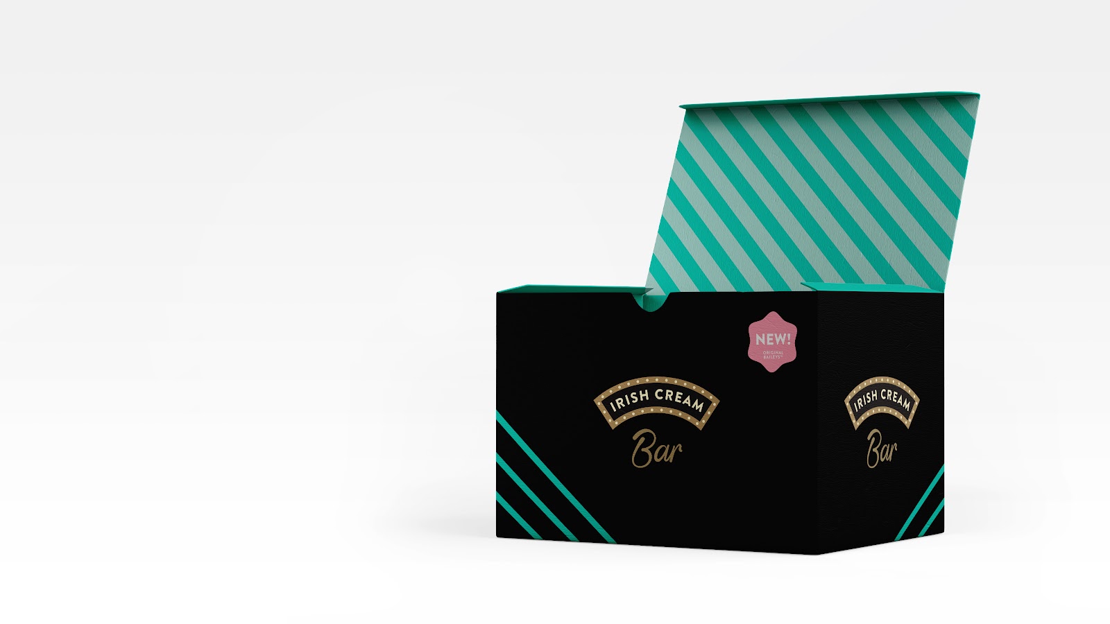 Baileys Irish Cream Bar gift pack with teal stripe lining and gold marquee lettering
