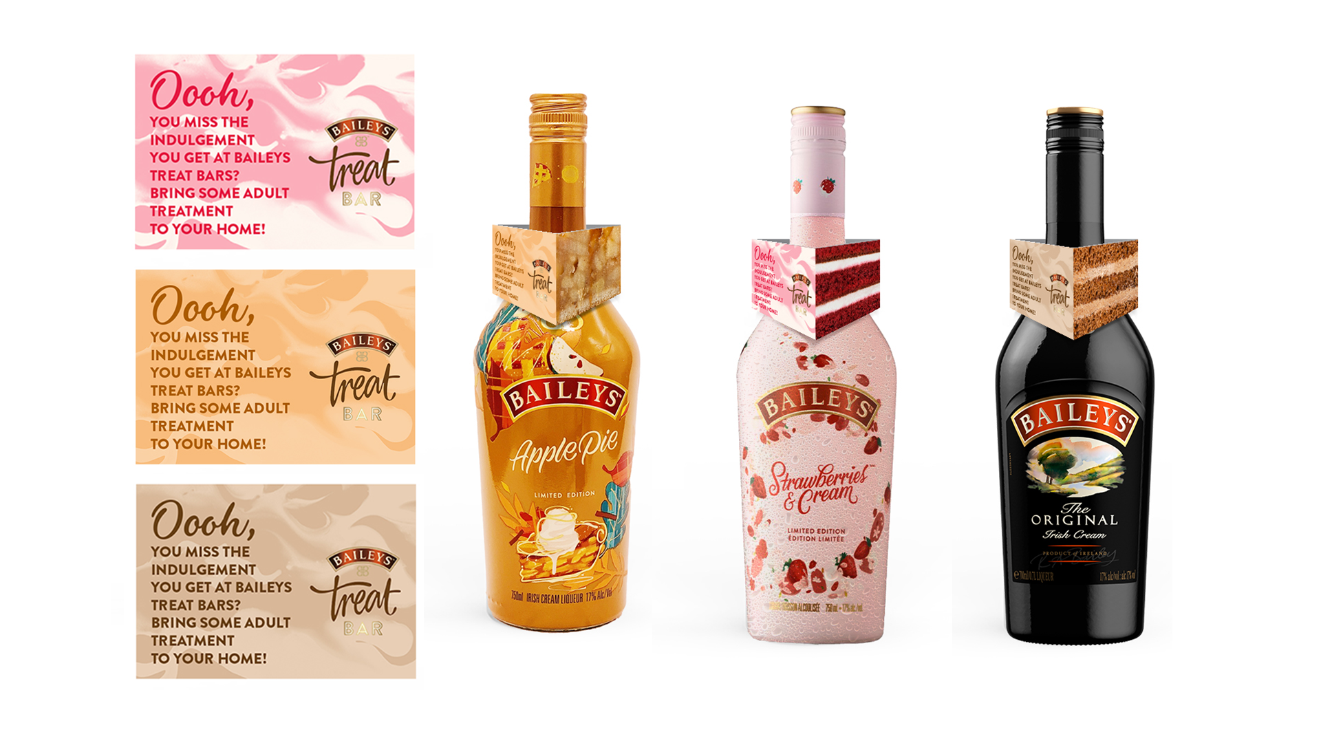 Baileys Treat Bar bottle neck-hangers across the Apple Pie, Strawberries & Cream and Original range