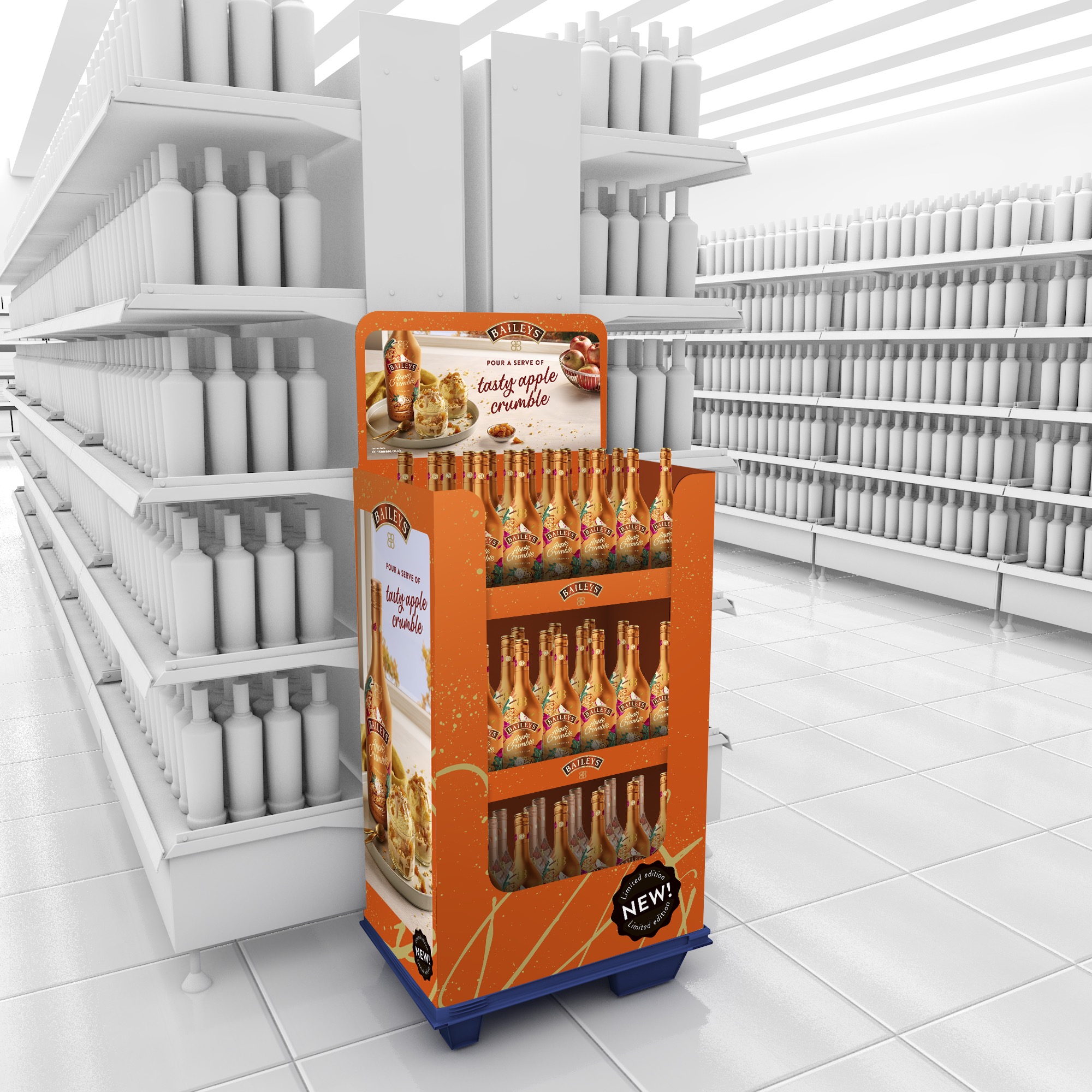 Baileys Apple Crumble limited-edition quarter-pallet display unit in a supermarket aisle