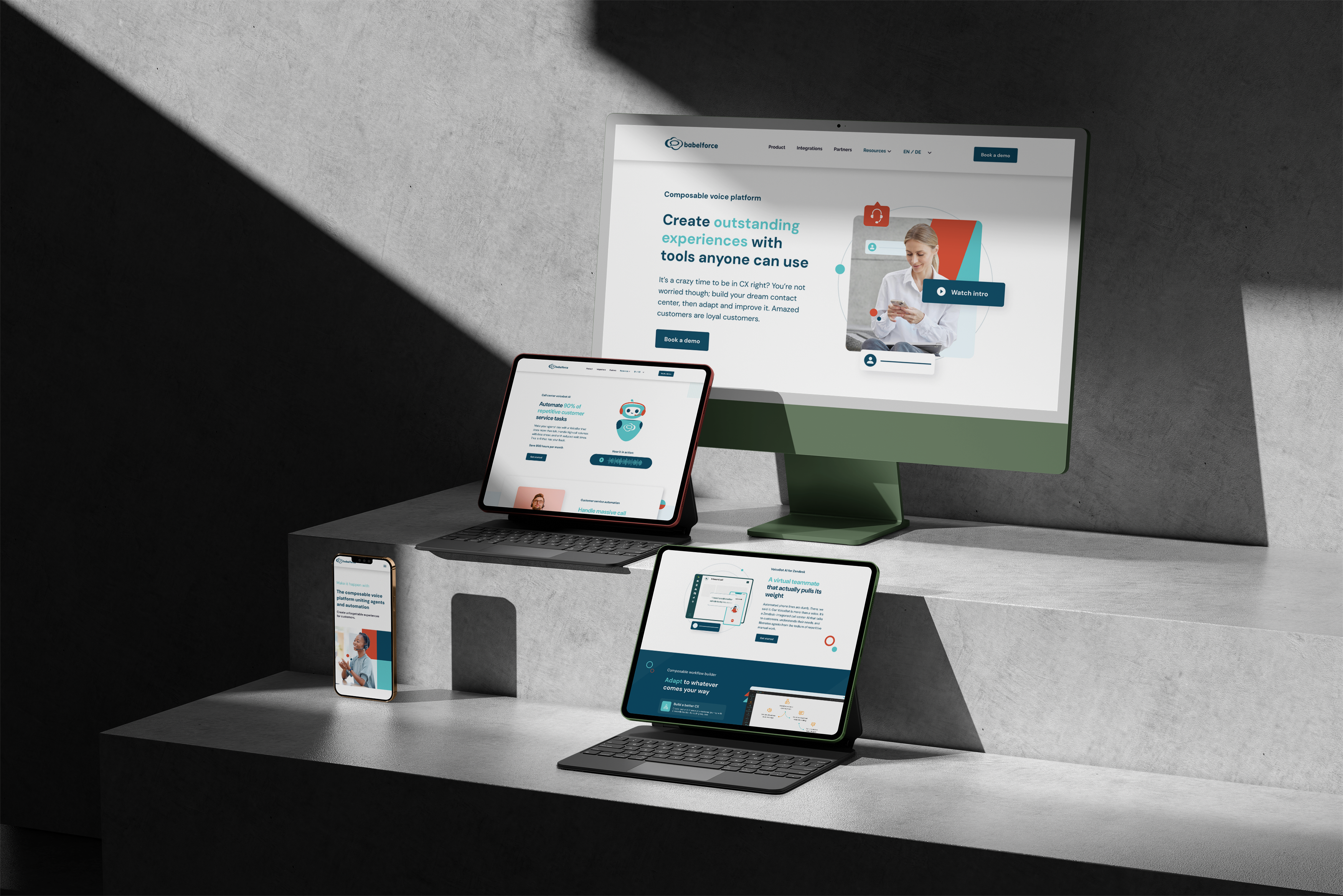 The redesigned Babelforce website shown across iMac, iPad and iPhone