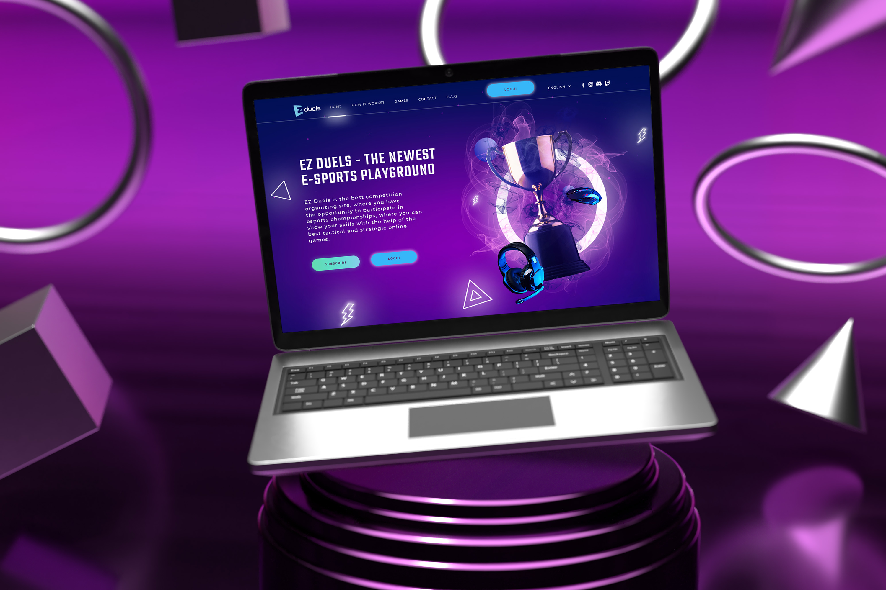 The EZ Duels homepage shown on a laptop floating above a podium in a purple 3D scene