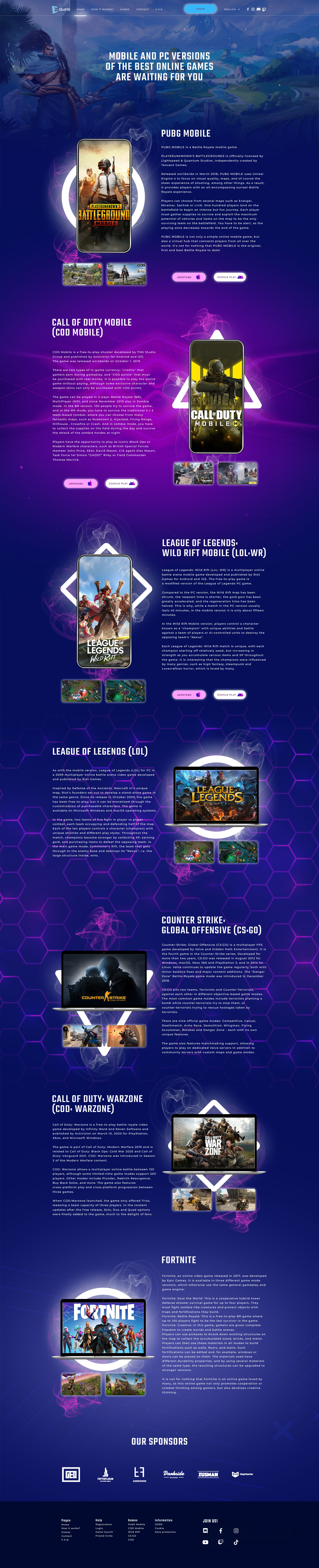 The full EZ Duels games page design, top to bottom