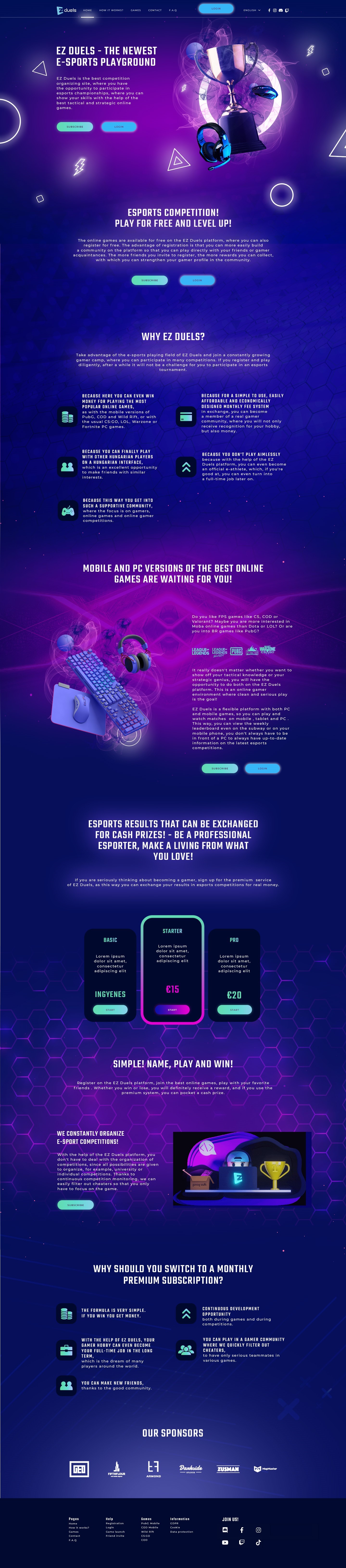 The full EZ Duels homepage design, top to bottom