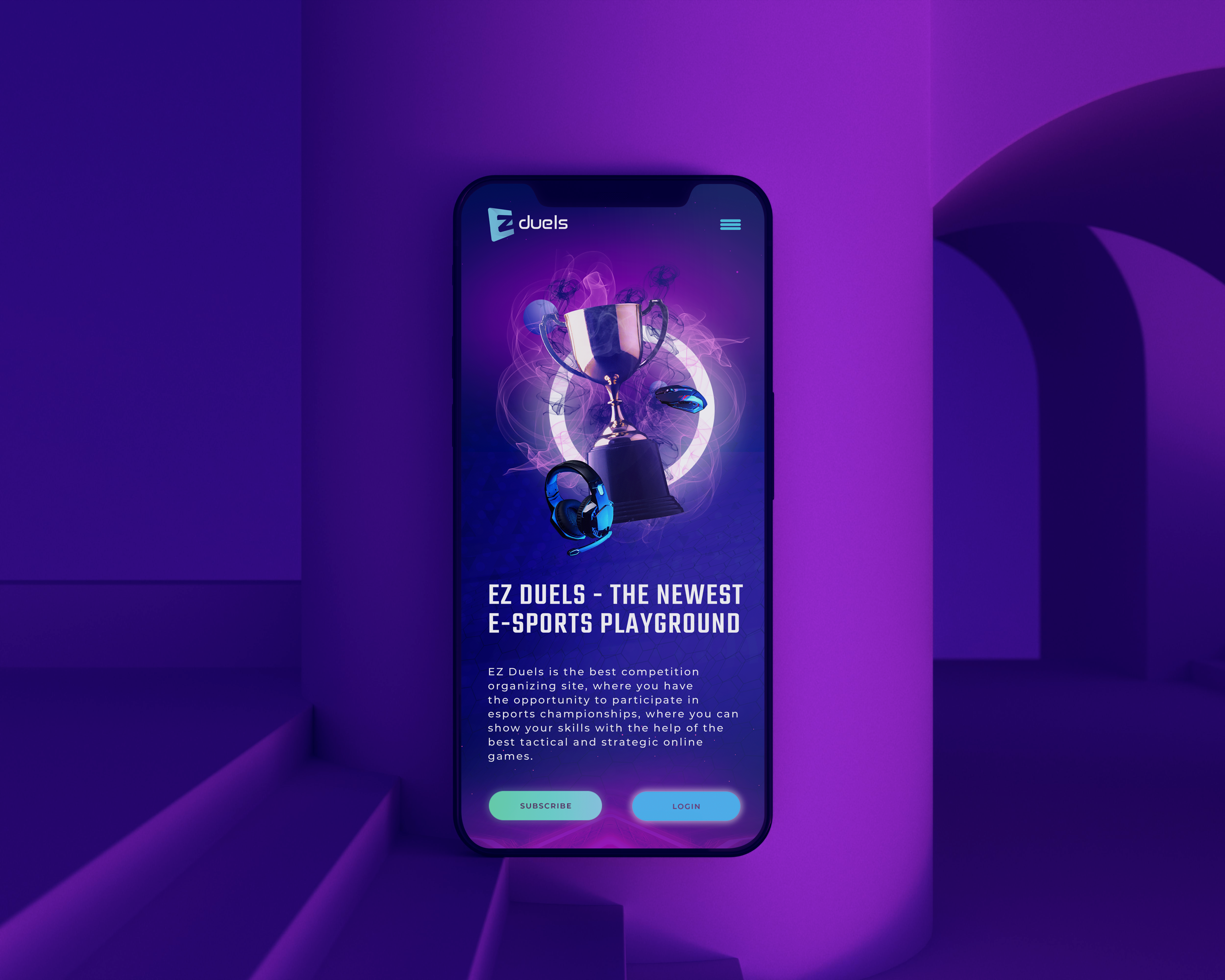 The EZ Duels mobile homepage shown on a phone in a purple lit interior