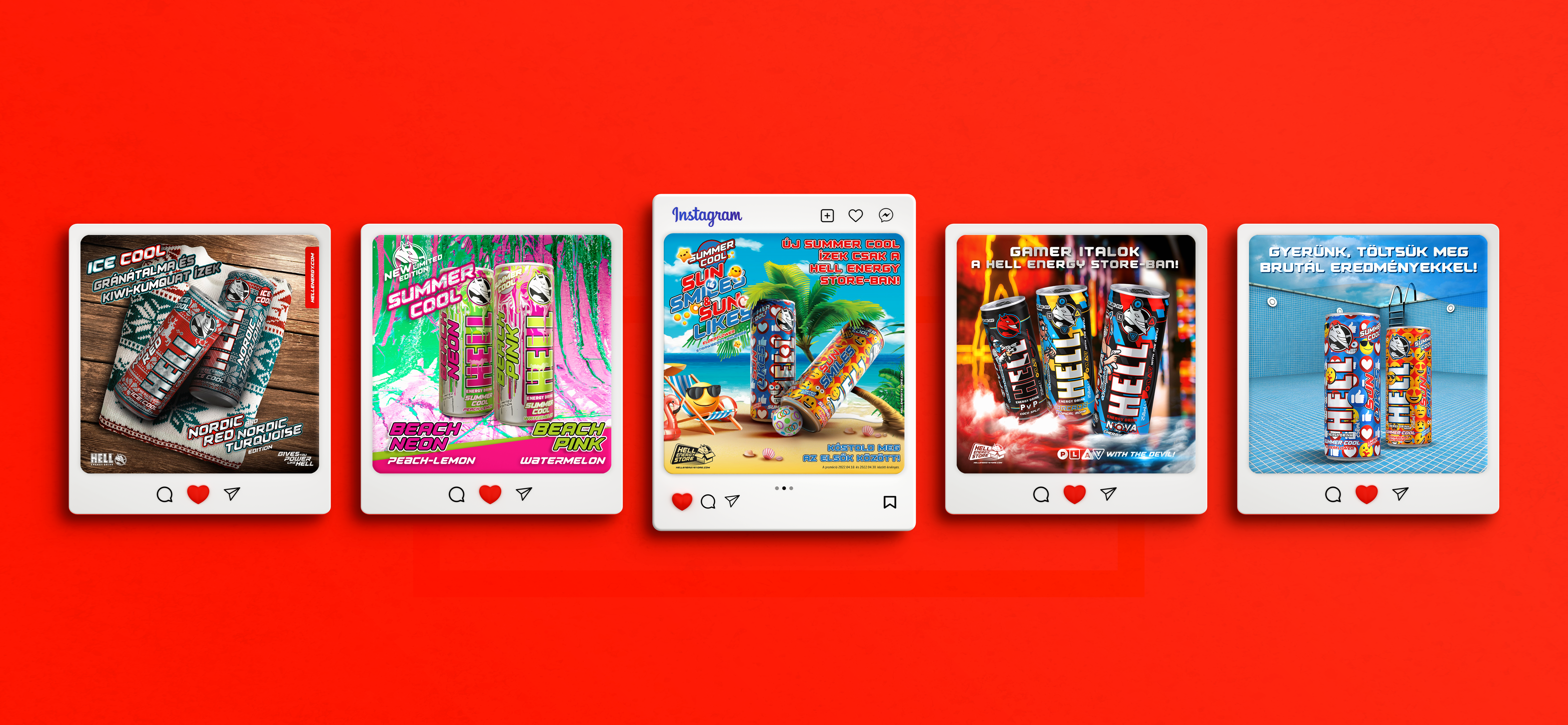 Hell Energy seasonal social posts in a polaroid row: Ice Cool, Summer Cool, Sun Smiles, gamer drinks and pool edition