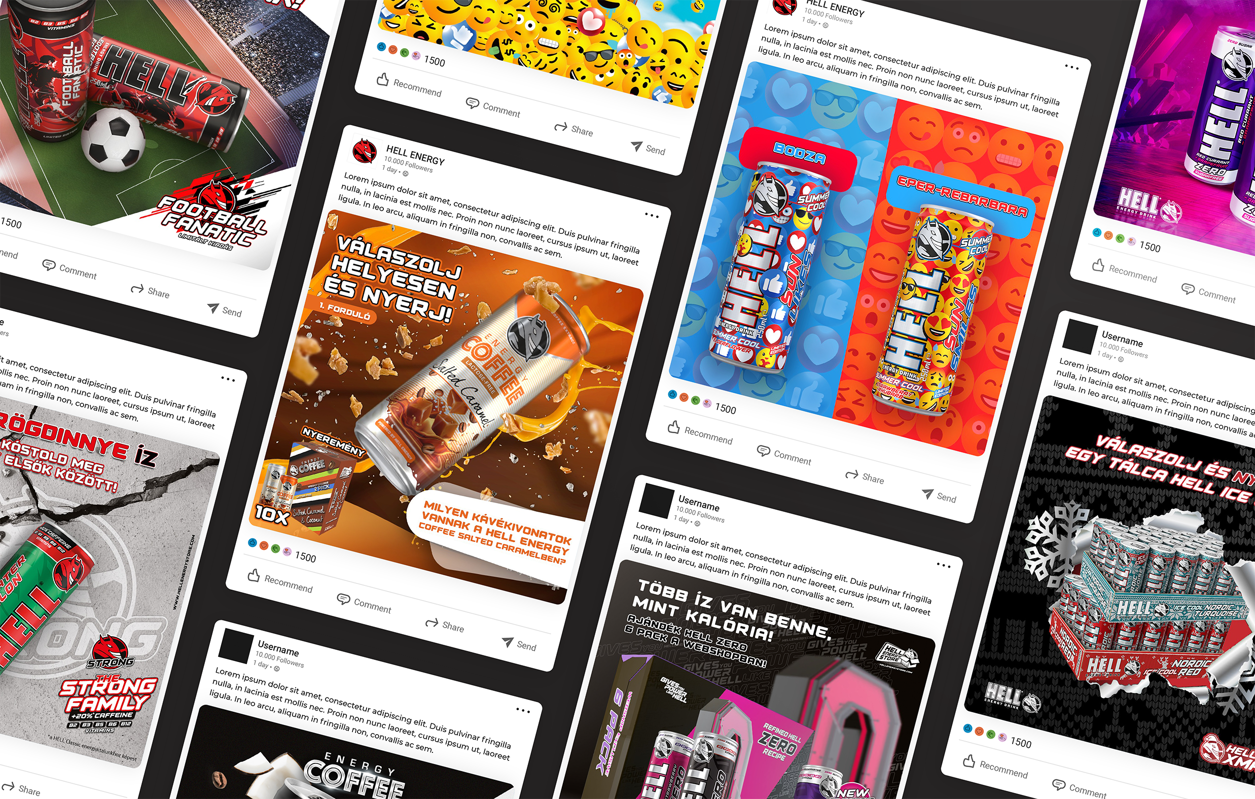 Hell Energy social posts: Hell Xmas competition, Energy Coffee Instagram quiz, and Double Espresso and Coconut coffee