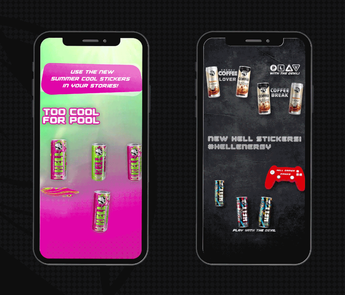 Hell Energy animated story frames: Too Cool For Pool Summer Cool stickers and New Hell gamer stickers