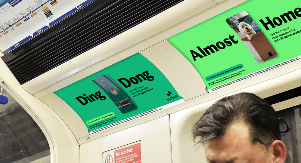 Lloyds 'Ding Dong' and 'Almost Home' card panels inside a Tube carriage