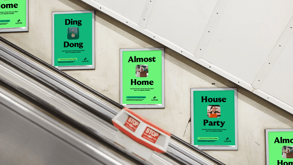 Lloyds escalator panels: Ding Dong, Almost Home and House Party framed posters