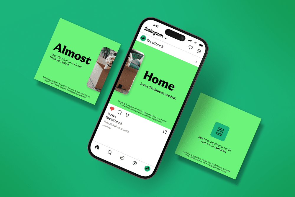 Lloyds 'Almost Home' social posts shown in an Instagram feed with supporting square assets