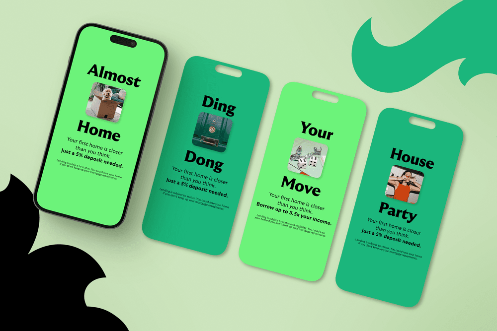 Lloyds story-format assets: Almost Home, Ding Dong, Your Move and House Party across mobile screens