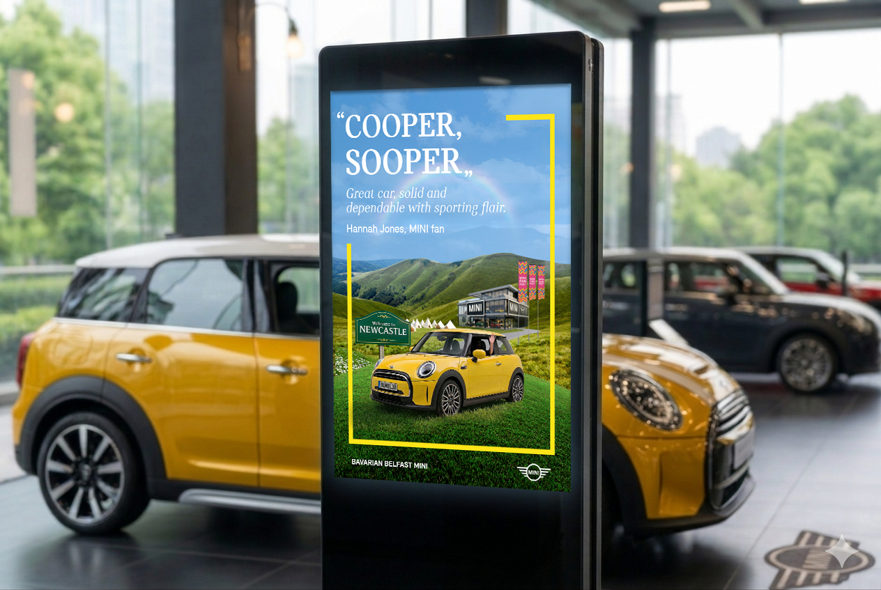 A MINI Countryman parked on a green Fan Fest floor decal in a MINI showroom: 'Fans go crazy for my GO-KART mode'