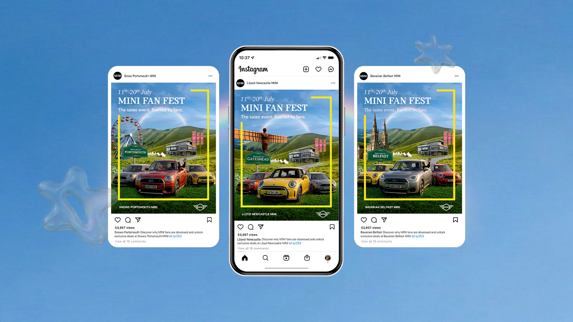 MINI Fan Fest social posts shown across three phones, localised for Portsmouth, Newcastle and Belfast retailers