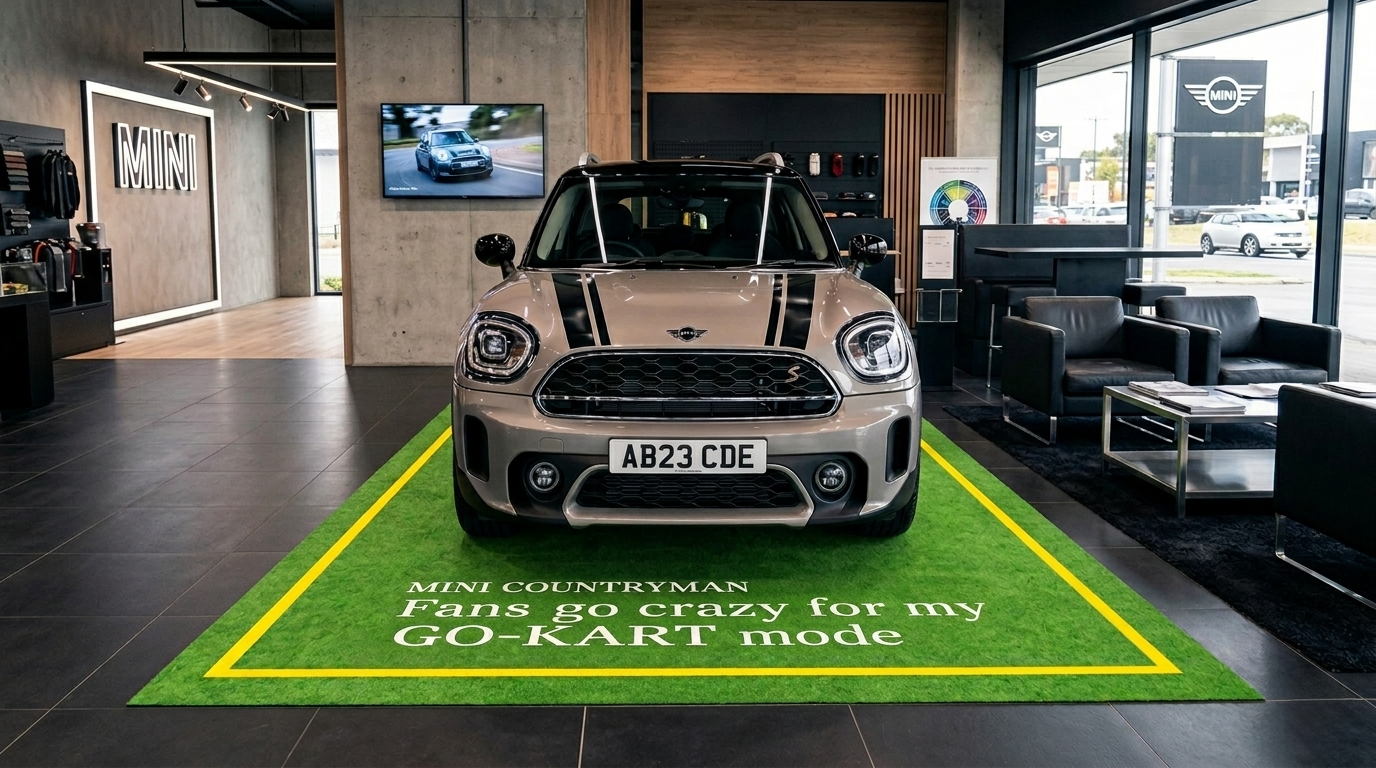 A MINI Fan Fest digital display totem in a showroom reading 'Cooper, Sooper' with a fan testimonial