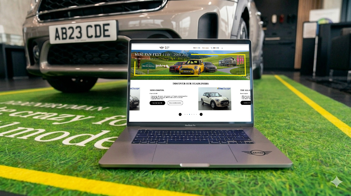 The MINI Fan Fest retailer website homepage takeover shown on a laptop