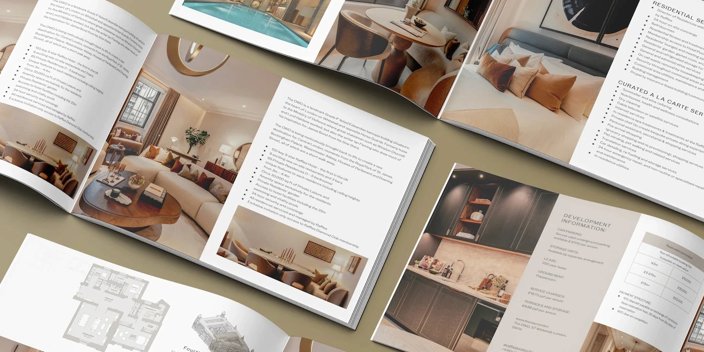 The OWO Residences brochure spreads with interiors and development information