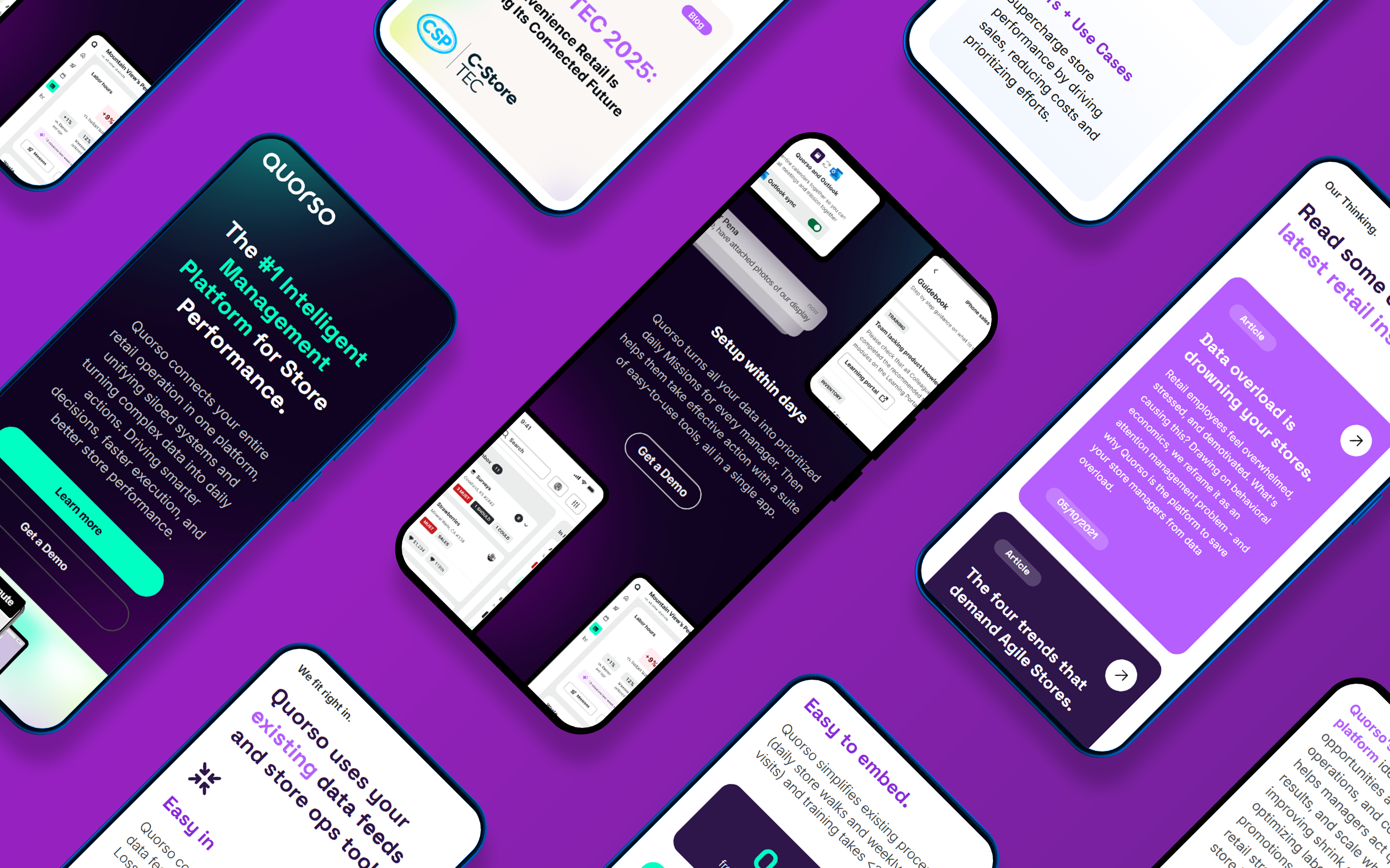 The redesigned Quorso website shown across a grid of mobile screens