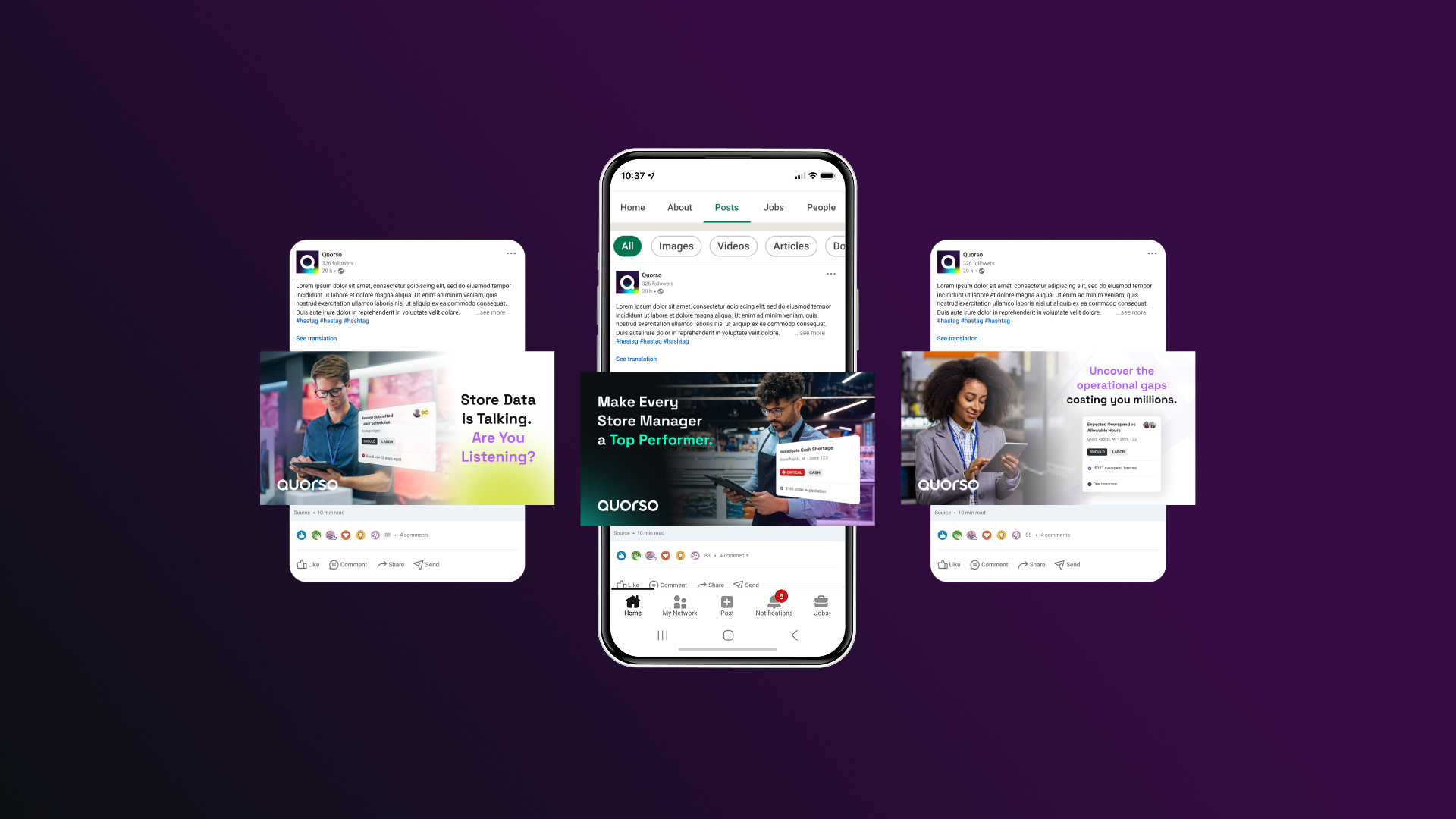 Quorso LinkedIn campaign posts shown in-feed on desktop and mobile
