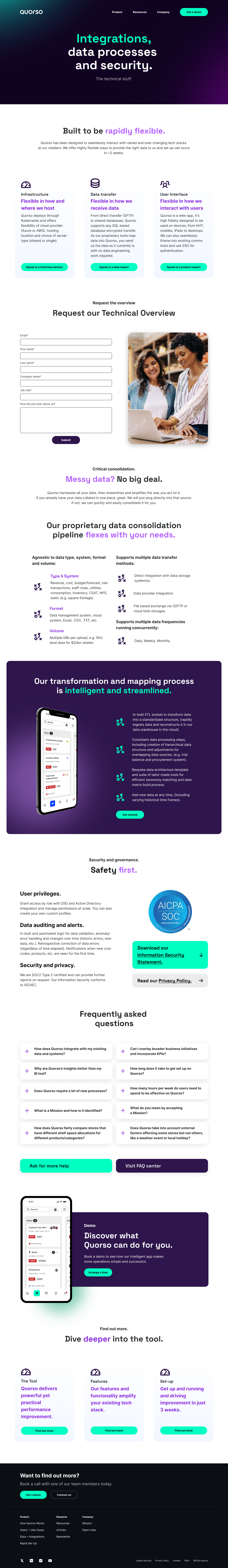 Quorso integrations, data and security page, full length