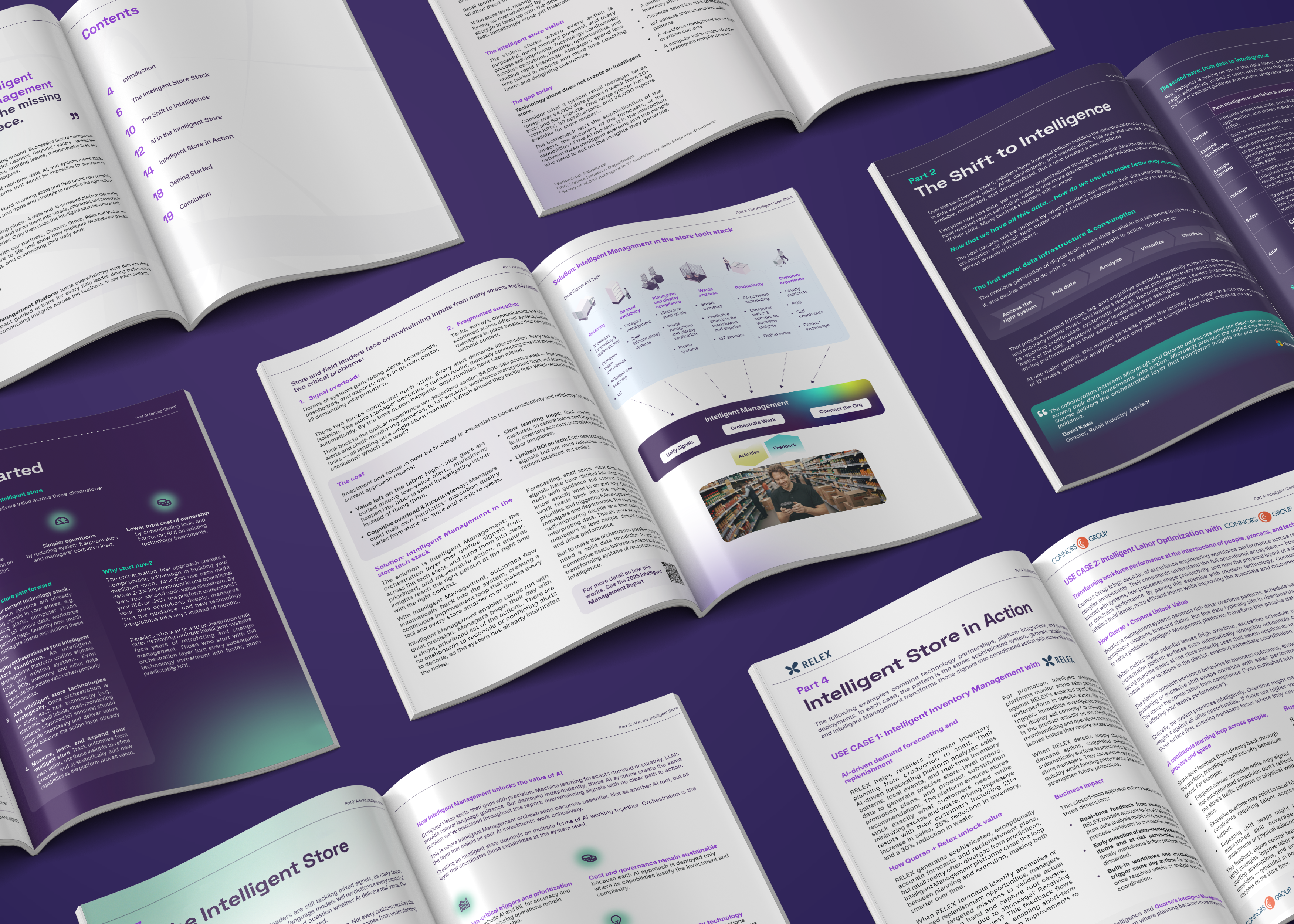 Quorso intelligent store report — printed booklet spreads laid out on a purple background