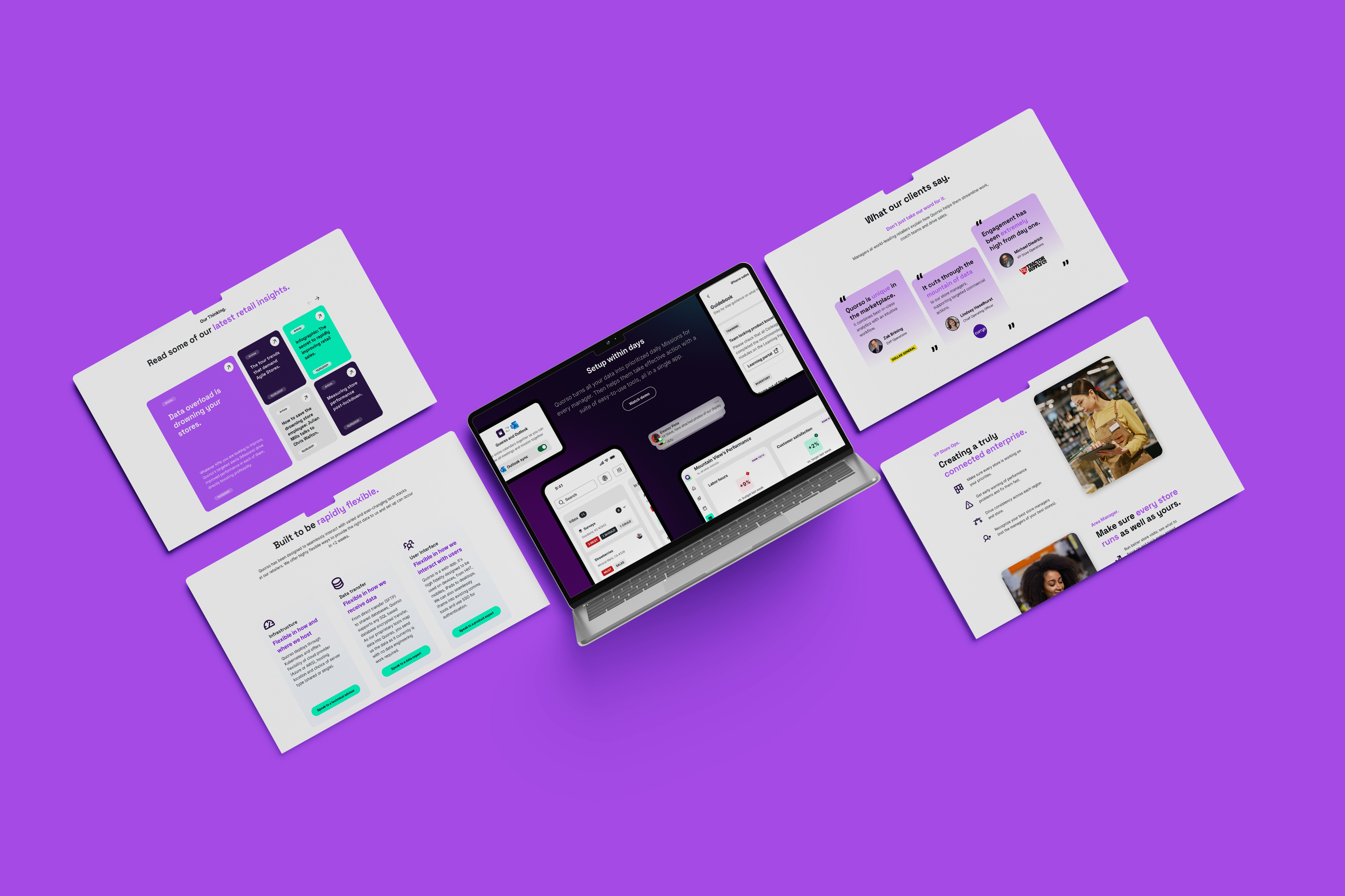 A spread of redesigned Quorso website pages across desktop screens