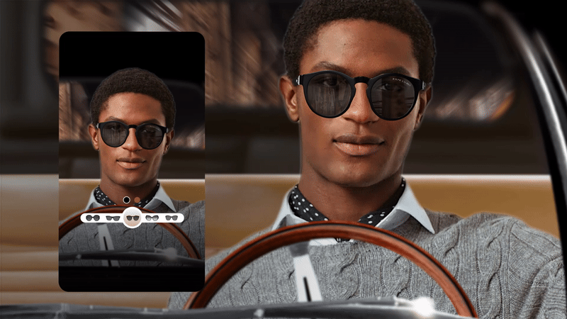 Ralph Lauren AR try-on switching between eyewear and apparel looks on a model